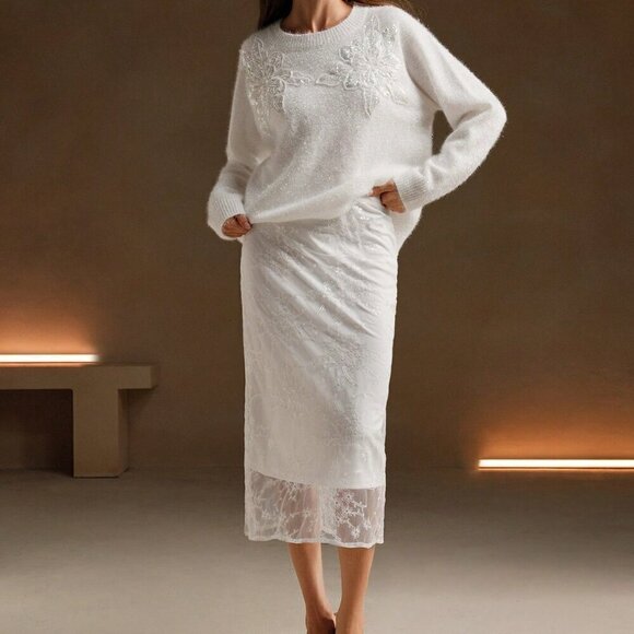 White Casual Women's Elegant Sequin Floral Round Neck Loose Sweater - Picture 8 of 8